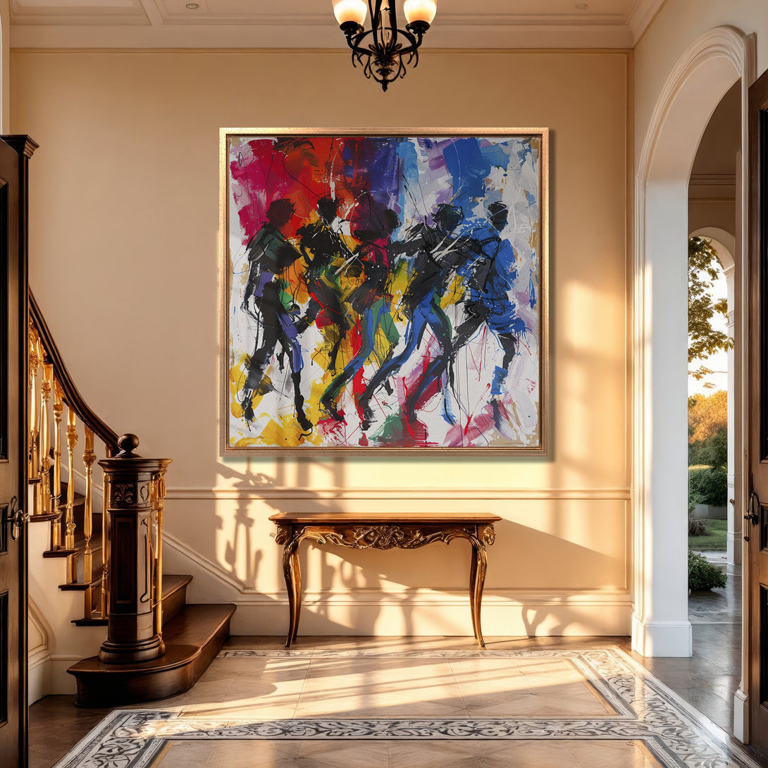 Framed Wall Art: Abstract figures in vibrant colors. Modern canvas print adds artistic flair to any interior. Bold reds, blues, and yellows.
