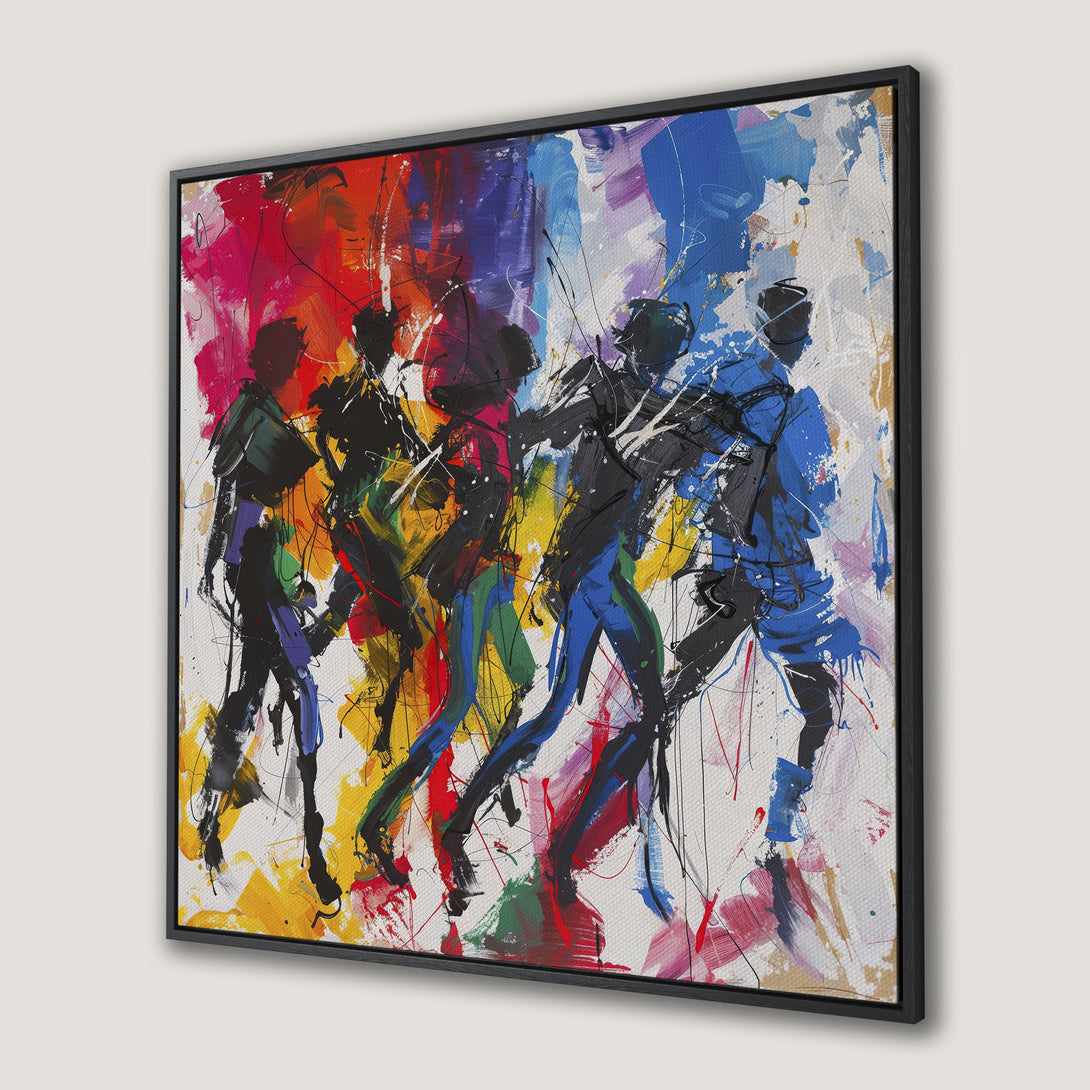 Framed Wall Art featuring an abstract painting of figures in motion. Bold, colorful artwork with a vibrant palette of red, yellow, blue, and black.