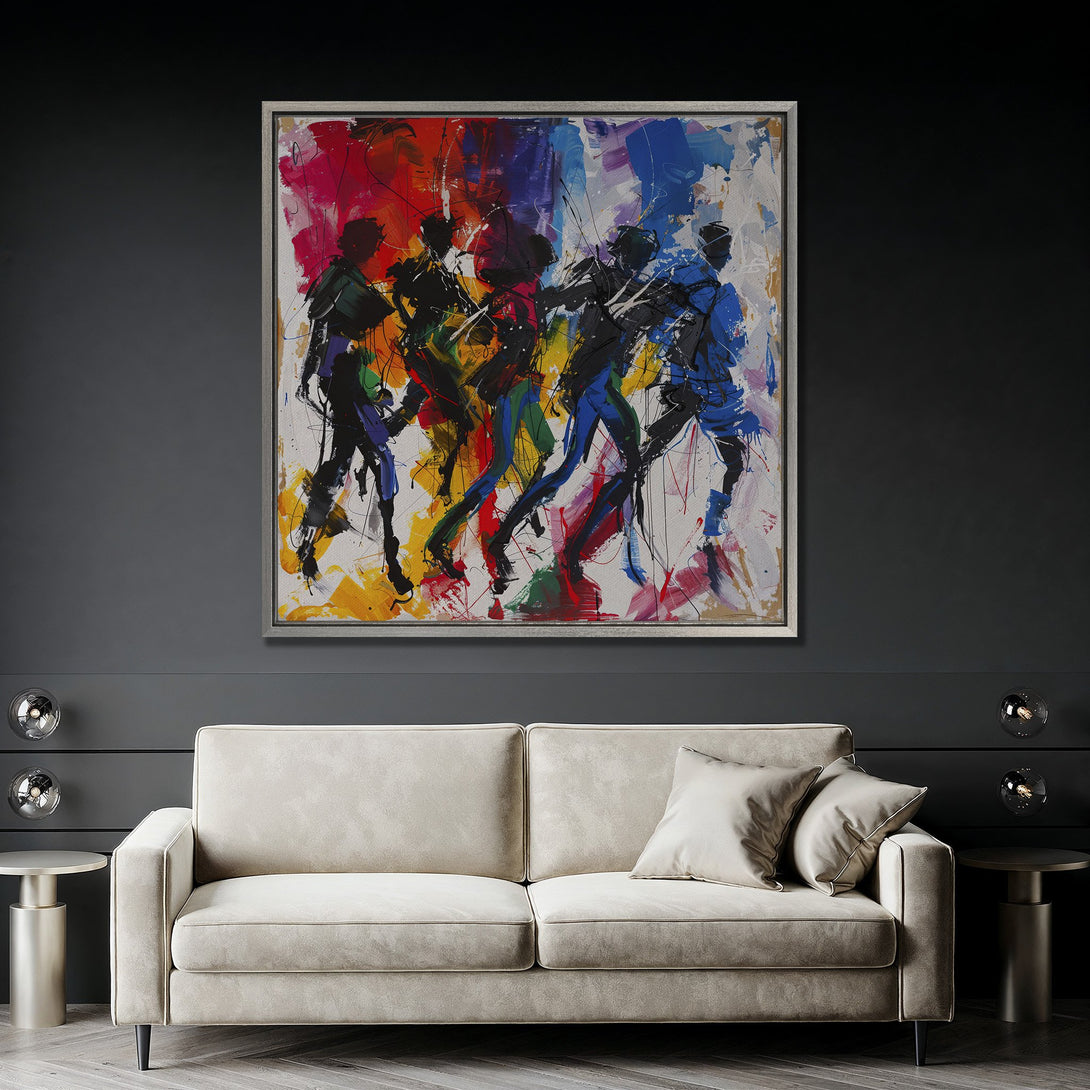 Framed Wall Art featuring abstract figures with a vibrant, colorful palette. Enhance your space with this dynamic, modern Canvas Print.