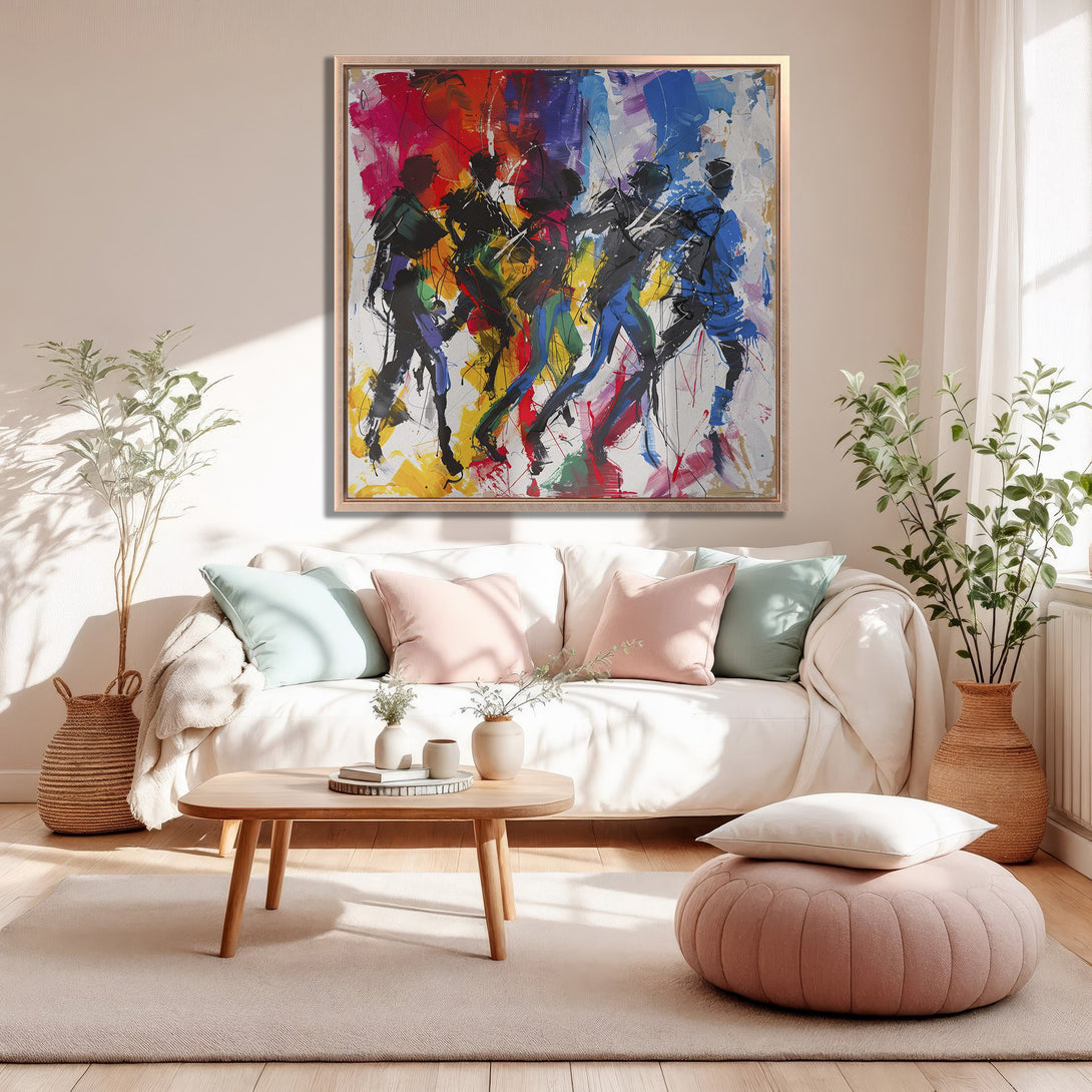 Framed Wall Art featuring abstract figures in vibrant colors. Modern art canvas print adds a pop of color to any living room.