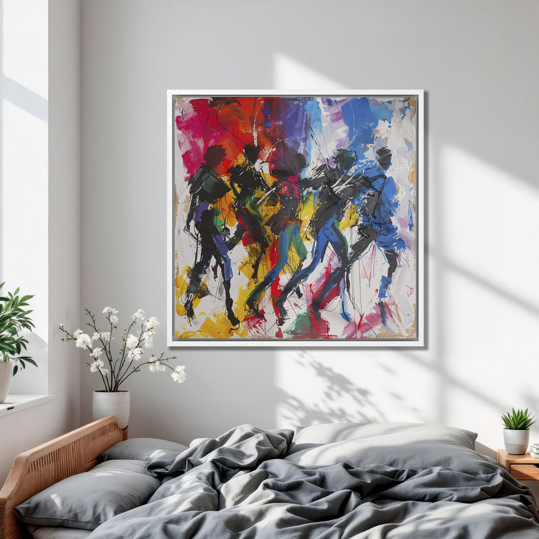 Framed Wall Art featuring an abstract painting of figures in motion, vibrant colors. Modern art canvas print for bedroom decor.