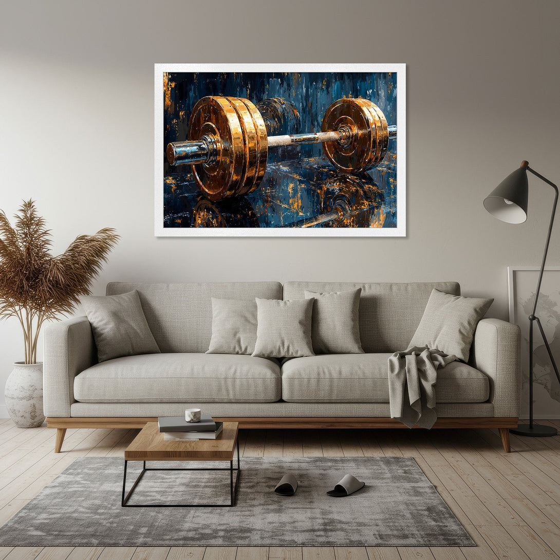 Framed Poster featuring a barbell in an abstract style with blue and gold tones. Perfect for home gyms or fitness enthusiasts!