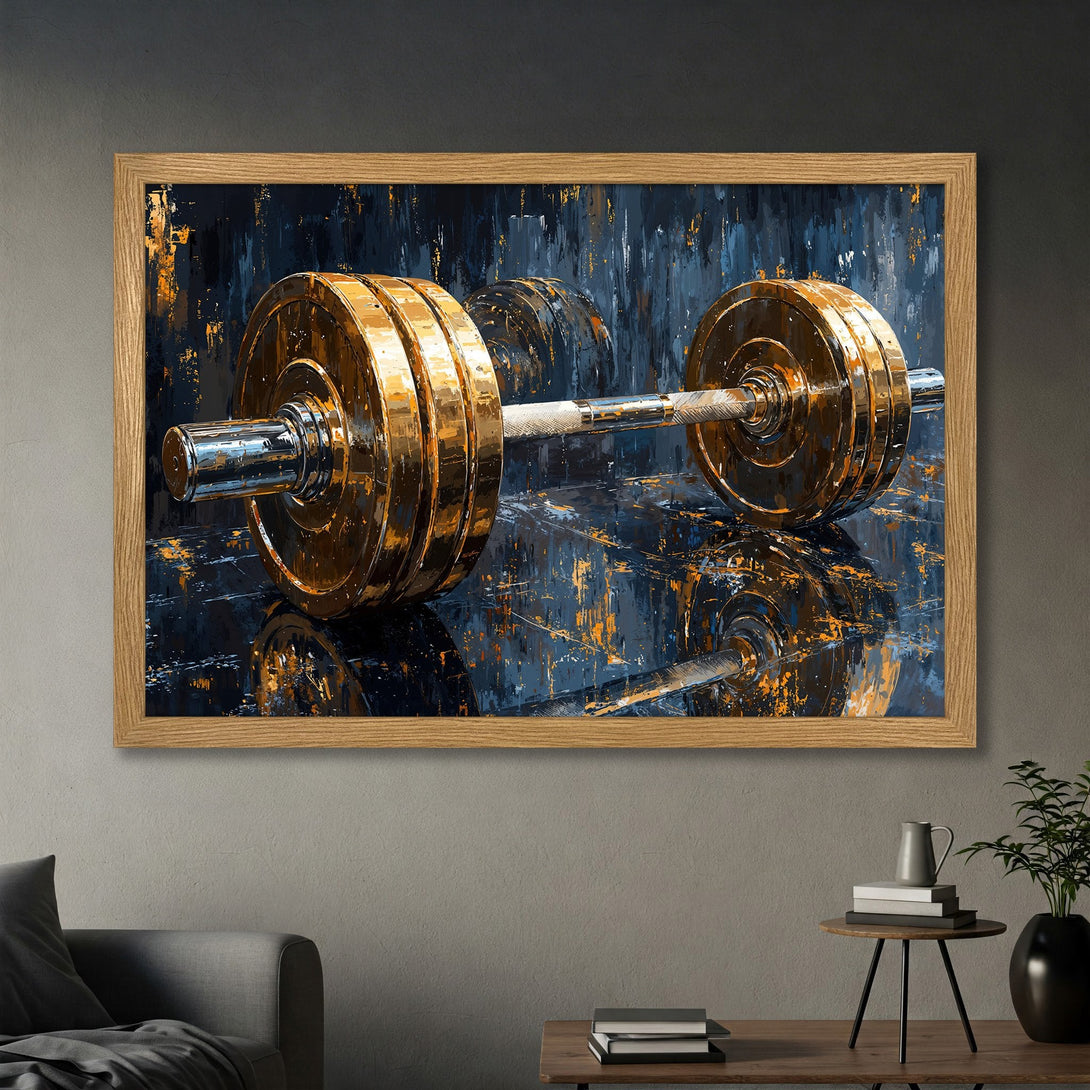 Framed Poster featuring a gold barbell in a dark, abstract style with blue and orange tones. Perfect gym decor!