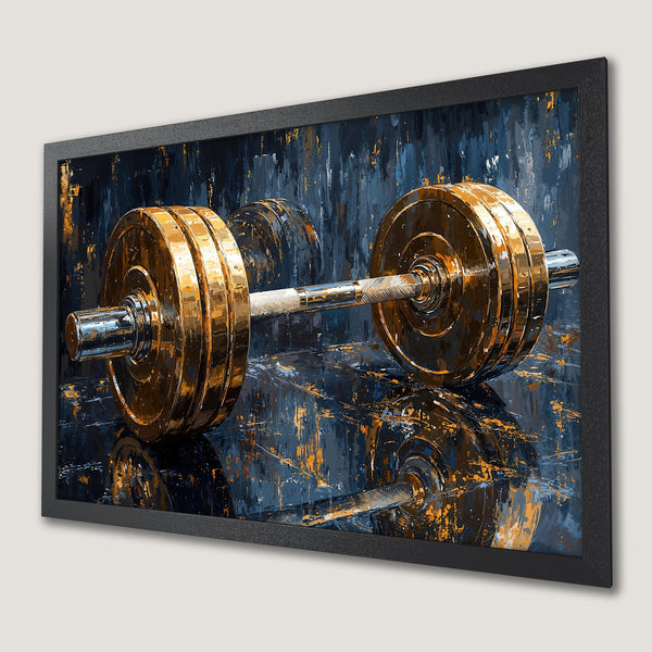 Framed Poster of a golden barbell in an abstract style with a blue and orange color palette. Perfect for gym decor!