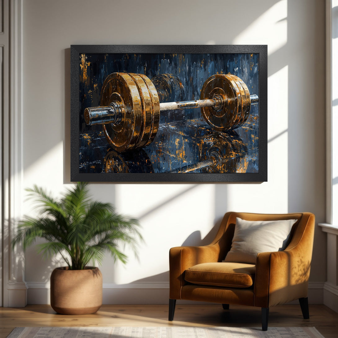 Framed Poster featuring a golden barbell in an abstract style with a blue and gold color palette, perfect for home gym decor.