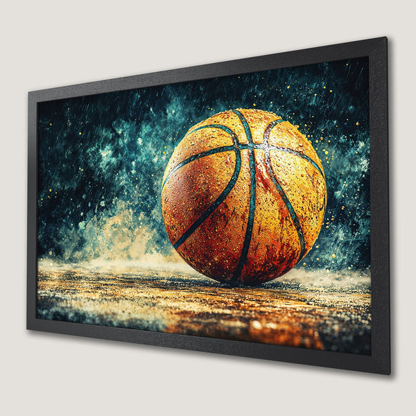 Framed Poster of a basketball in a dynamic, artistic style with a blue, gold, and orange color palette. Perfect wall art!