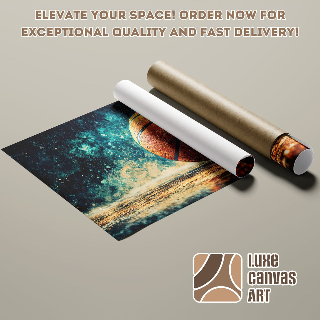 Abstract space art Poster Roll in teal, gold, and brown. Elevate your space today!