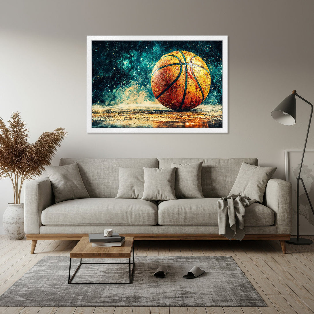 Framed Poster featuring a basketball in a vibrant, abstract style with a teal and orange color palette. Perfect wall art!