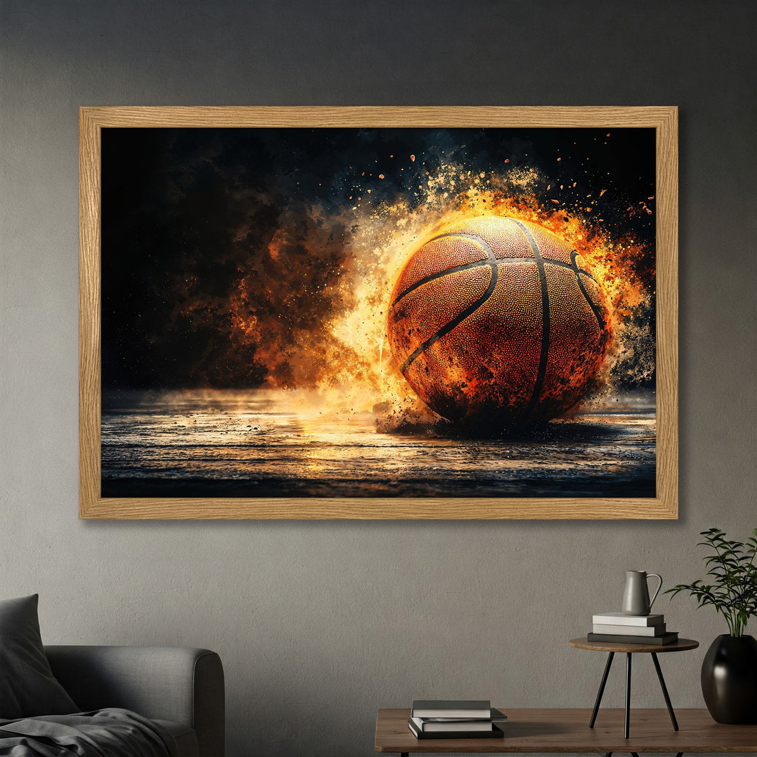 Framed Poster featuring a basketball engulfed in flames, dramatic art style with orange and black color palette. Perfect for sports fans!