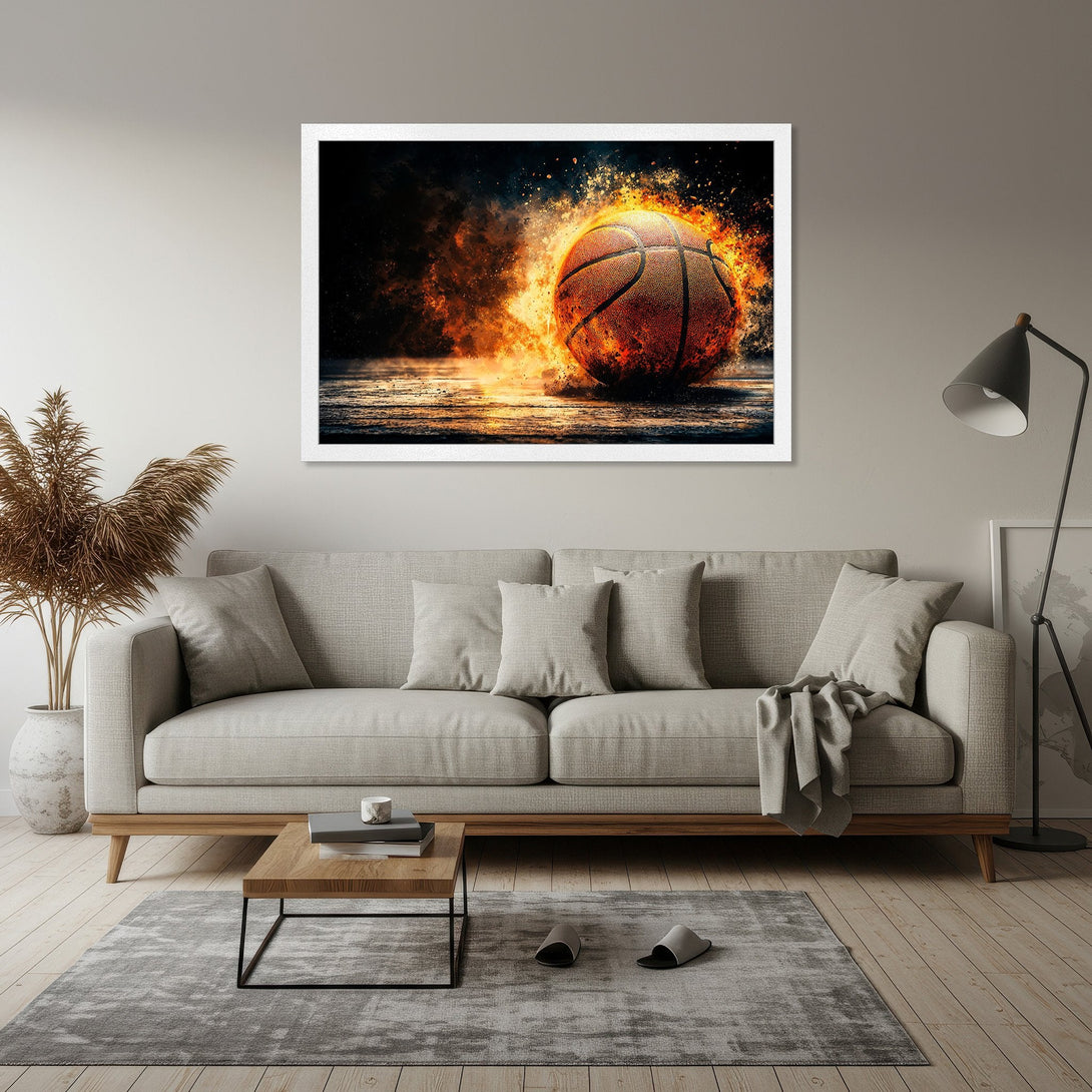 Framed Poster of a basketball engulfed in flames. Dramatic art style with a warm, fiery color palette. Perfect sports decor!