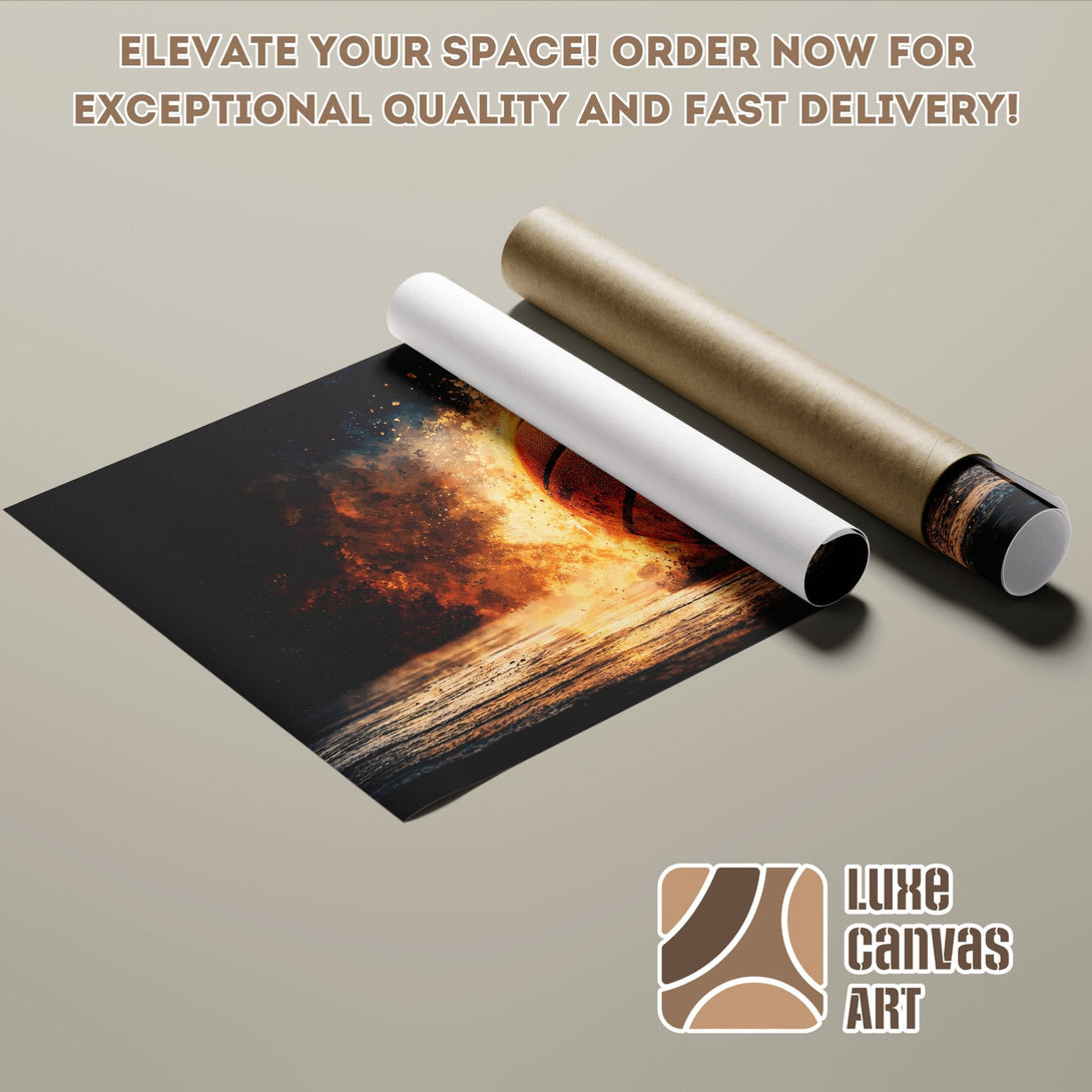 Poster Roll featuring a basketball in a fiery, abstract style with warm, earthy tones.