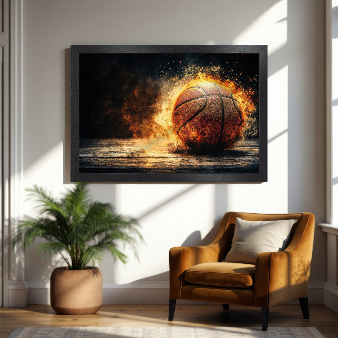 Framed Poster featuring a fiery basketball, vibrant orange and black art. Elevate your space with this dynamic sports-themed poster!