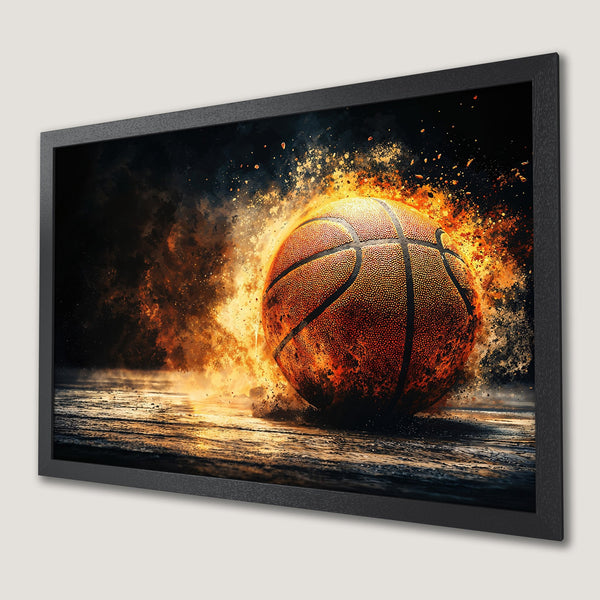 Framed Poster featuring a basketball exploding with fire, vibrant orange & black color palette, perfect for sports fans.
