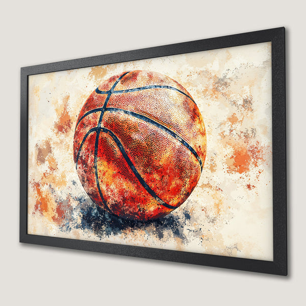 Framed Poster of a basketball, watercolor style, warm orange & beige palette. Perfect sports decor!