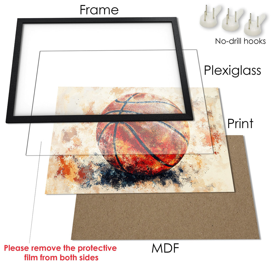 Framed Poster of a basketball in a watercolor style. Features a warm color palette of orange, beige, and blue. Perfect for sports fans!
