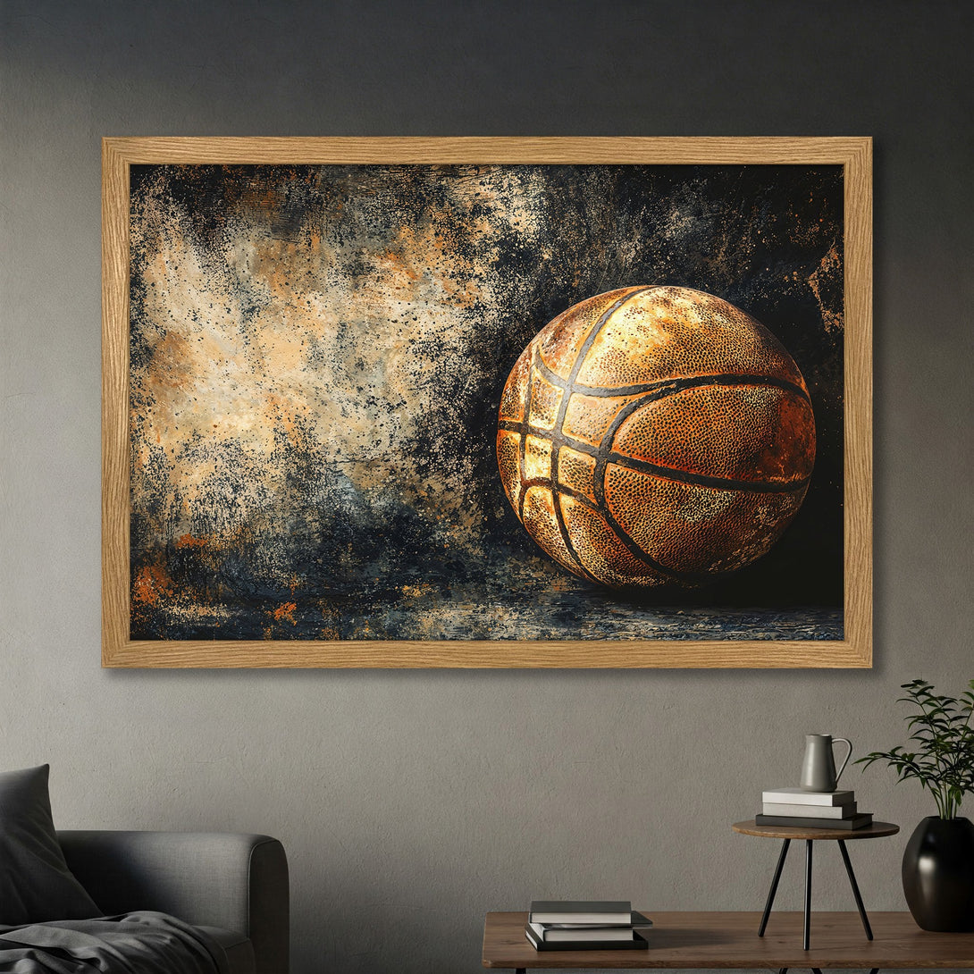 Framed Poster featuring a textured basketball art print in a warm, earthy color palette. Perfect for sports fans!