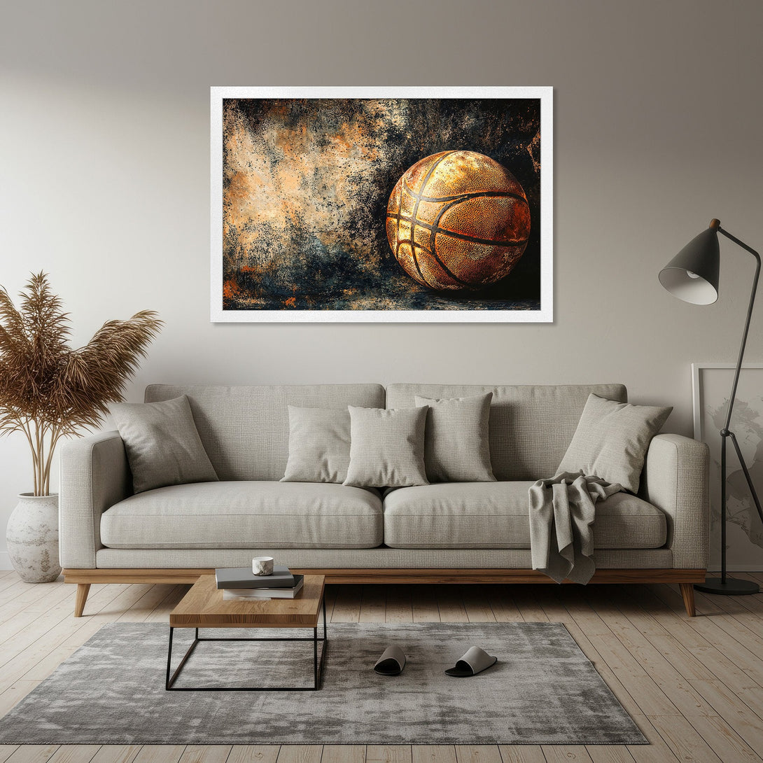 Framed Poster featuring a vintage basketball, grunge style, with a warm, earthy color palette. Perfect wall art for sports fans!