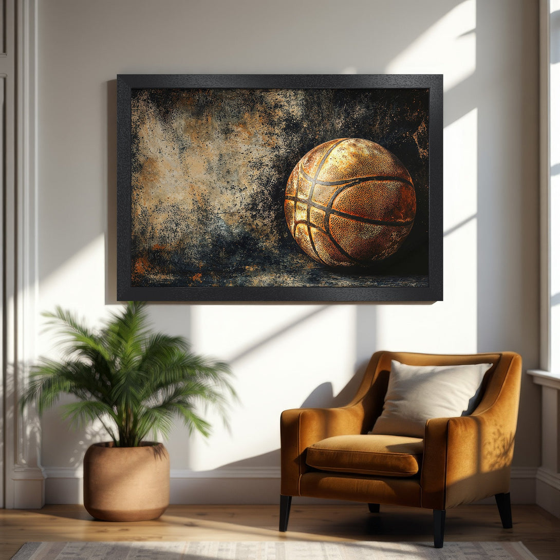 Framed Poster featuring a textured basketball art print, with warm brown and black tones, perfect for sports fans and home decor.