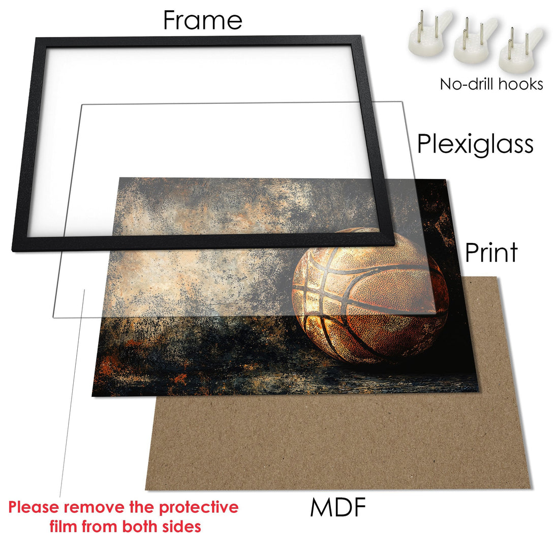 Framed Poster featuring a basketball, rustic style, with a warm, earthy color palette. Ready to hang!