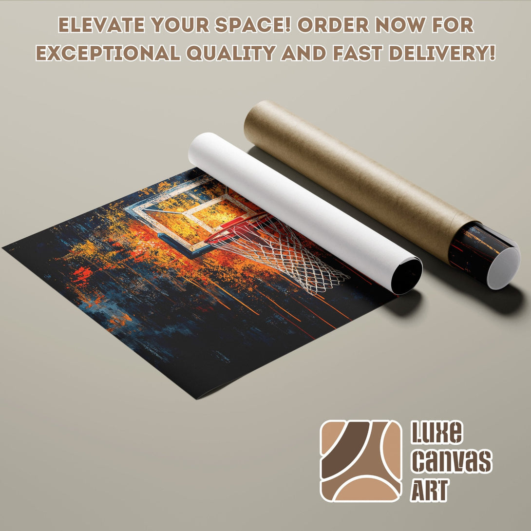Abstract basketball poster art in blue, orange, and black. Poster Roll available now!