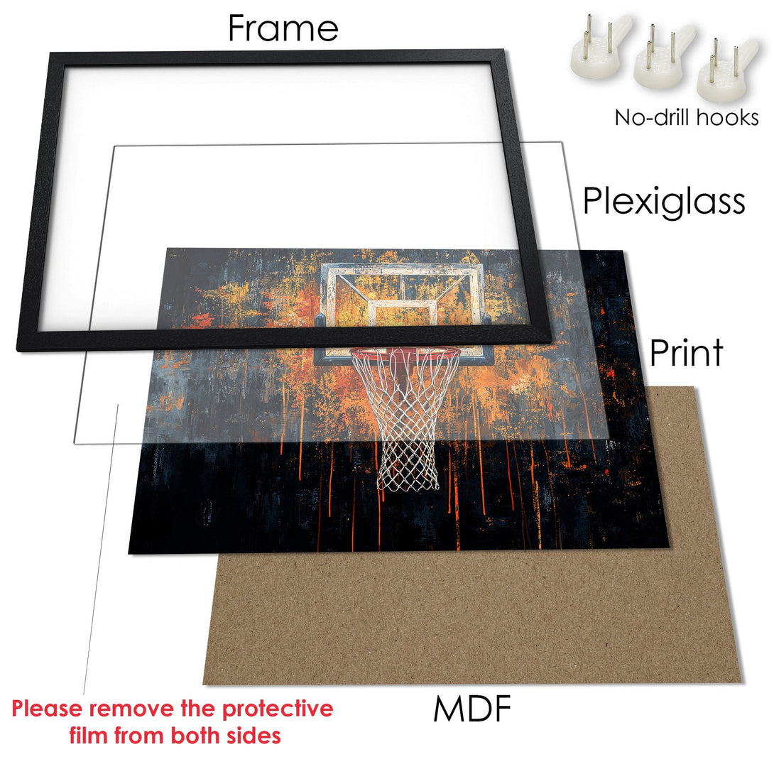 Framed Poster of basketball hoop art. Abstract style with black, orange, and grey color palette. Perfect wall decor!