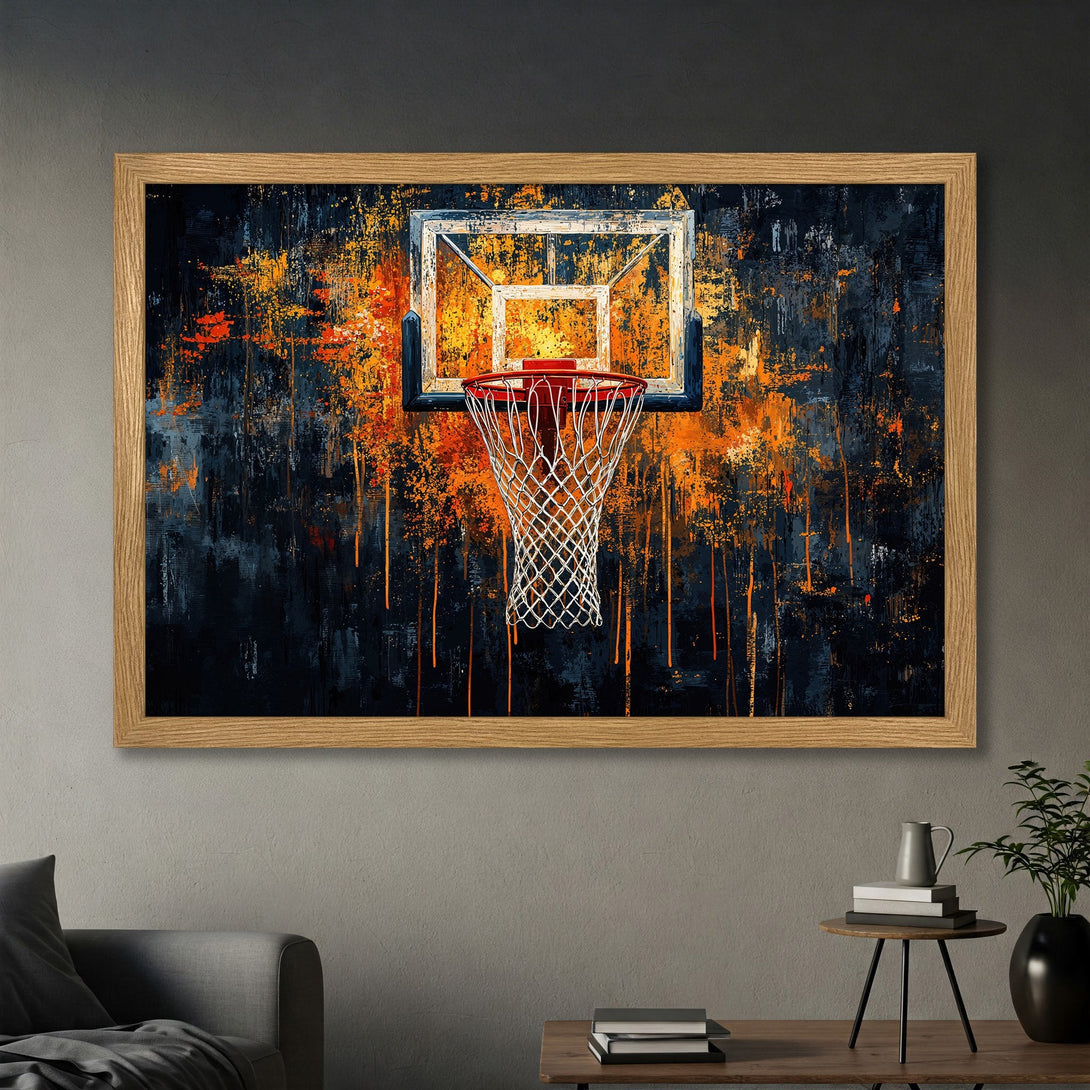 Framed Poster of a basketball hoop in abstract art style. Dark blue, orange, and white color palette. Add a touch of art to your space.