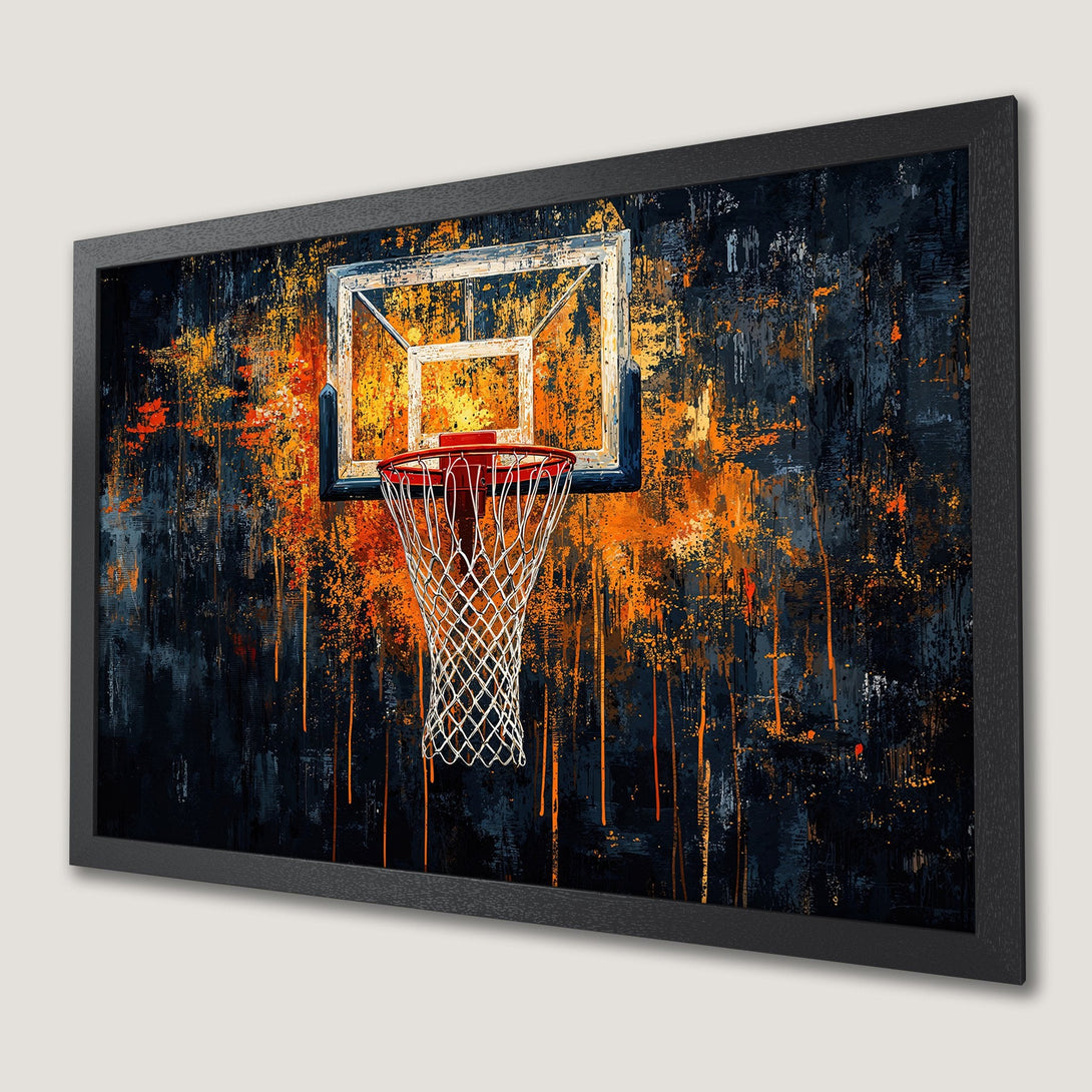 Framed Poster of a basketball hoop in abstract style, featuring a dark blue and orange color palette. Perfect wall art!