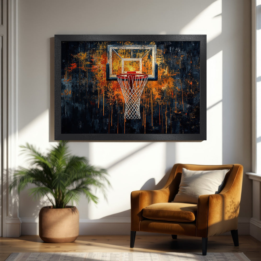 Framed Poster featuring a basketball hoop in abstract style with a dark blue and orange color palette. Perfect wall art for sports fans!