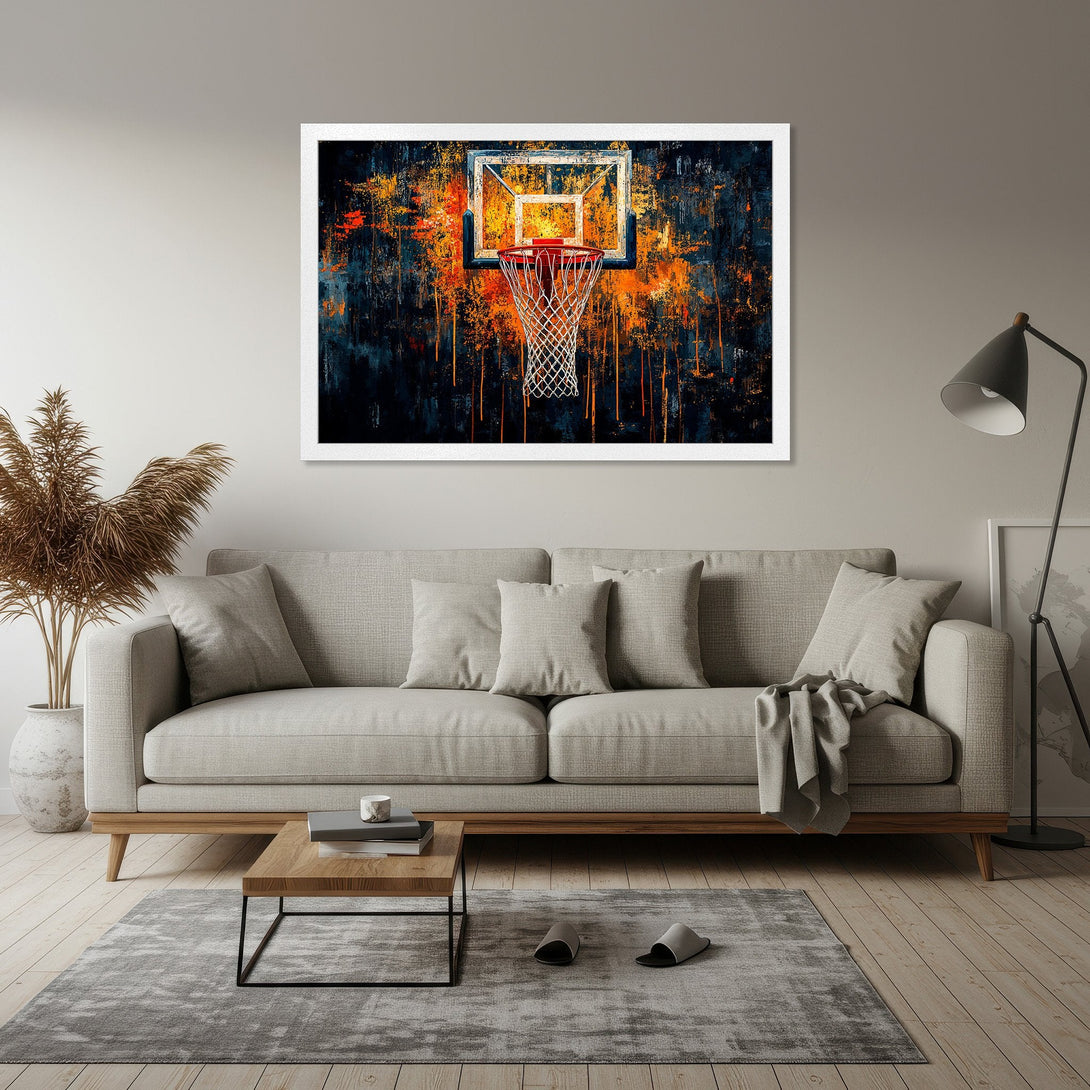 Framed Poster featuring a basketball hoop abstract art in a dark blue and orange color palette. Modern wall decor.