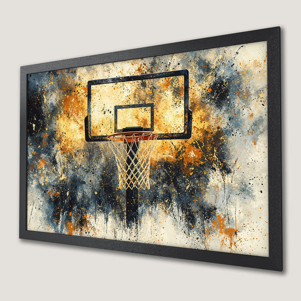 Framed Poster featuring a basketball hoop in an abstract, splatter-style design with a warm, orange and blue color palette.
