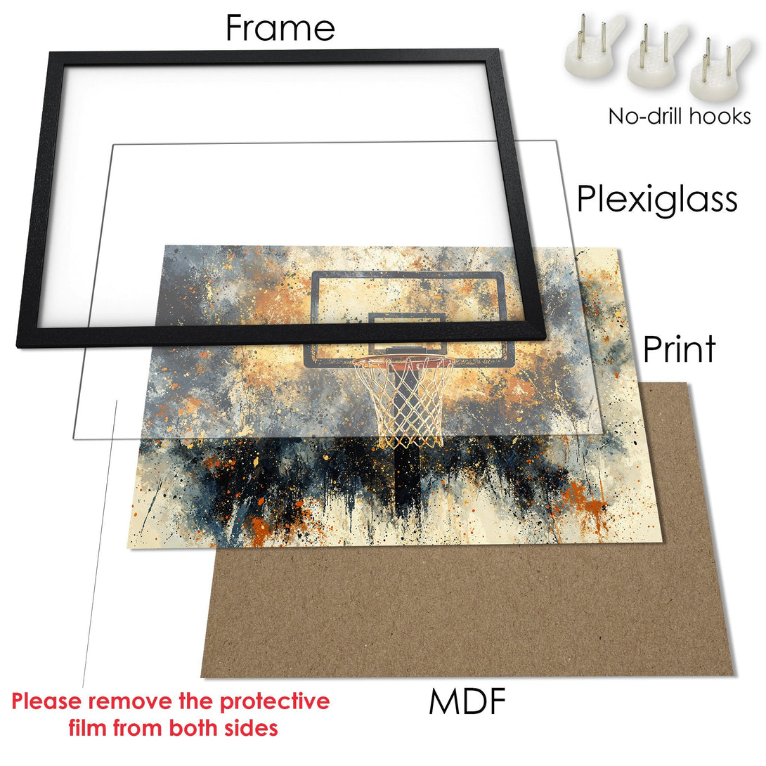 Framed Poster featuring a basketball hoop in an abstract style with a neutral and orange color palette. Perfect wall art!
