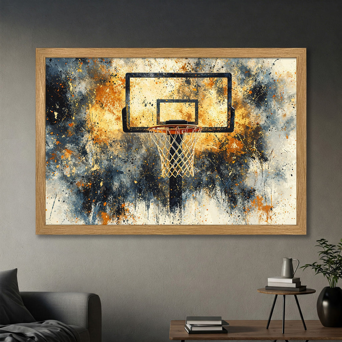 Framed Poster featuring an abstract basketball hoop art print. Splatter style with a warm, earthy color palette. Perfect wall decor!