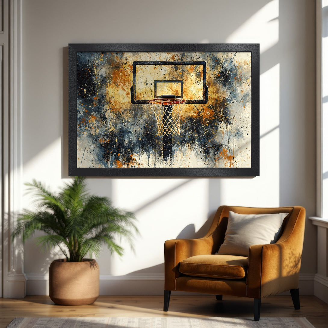 Framed Poster featuring a basketball hoop in a modern abstract style. Warm color palette with orange, blue, and gold tones. Perfect wall art!