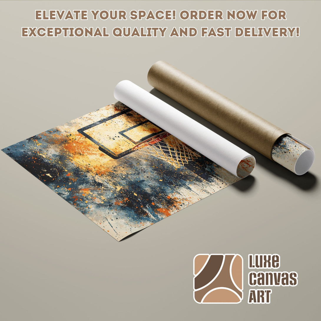 Basketball Poster Roll, abstract art with blue, orange, and neutral tones. Elevate your space!