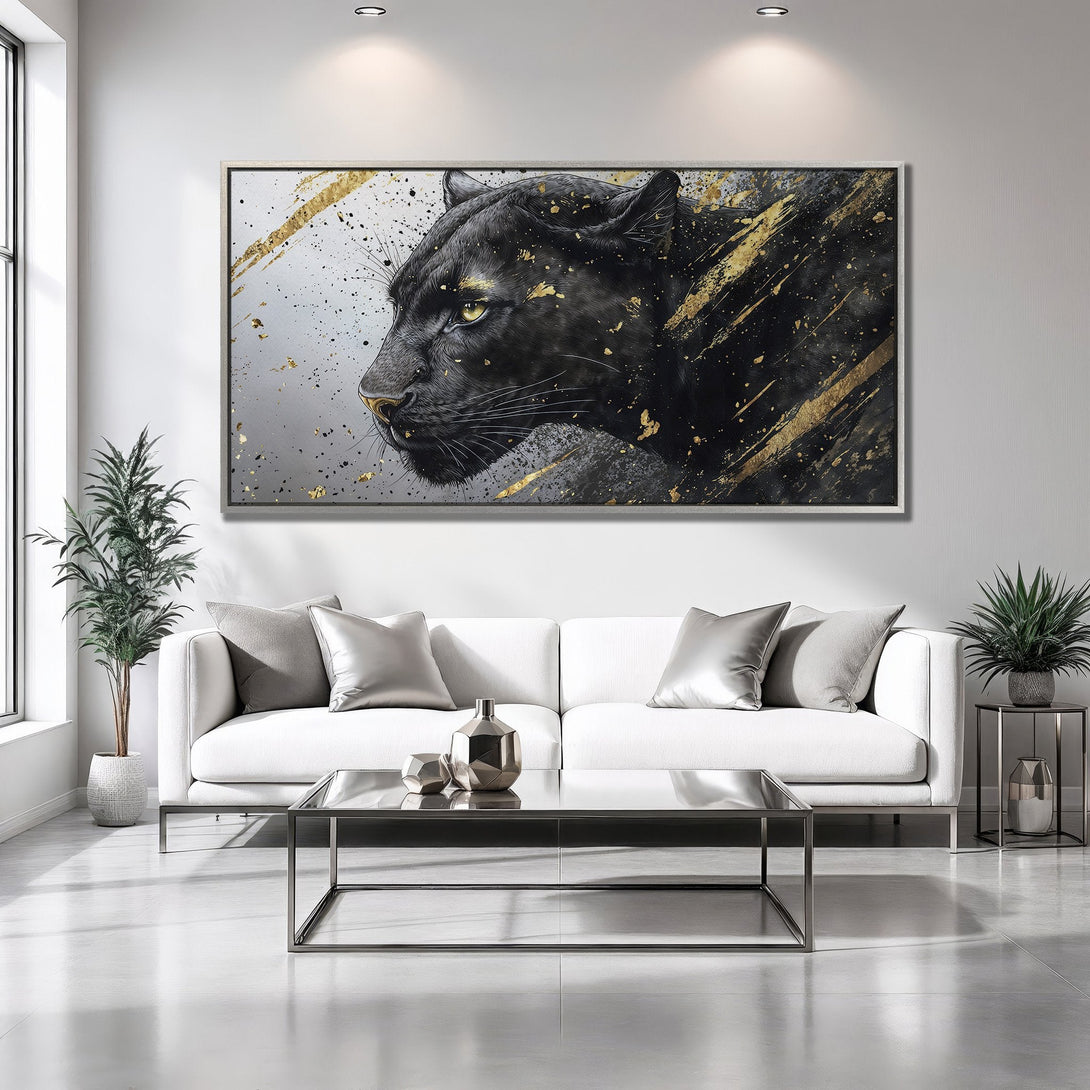 Framed Wall Art: Black panther art print with gold accents. Modern, abstract style. Black, white, and gold color palette. Perfect for home decor.
