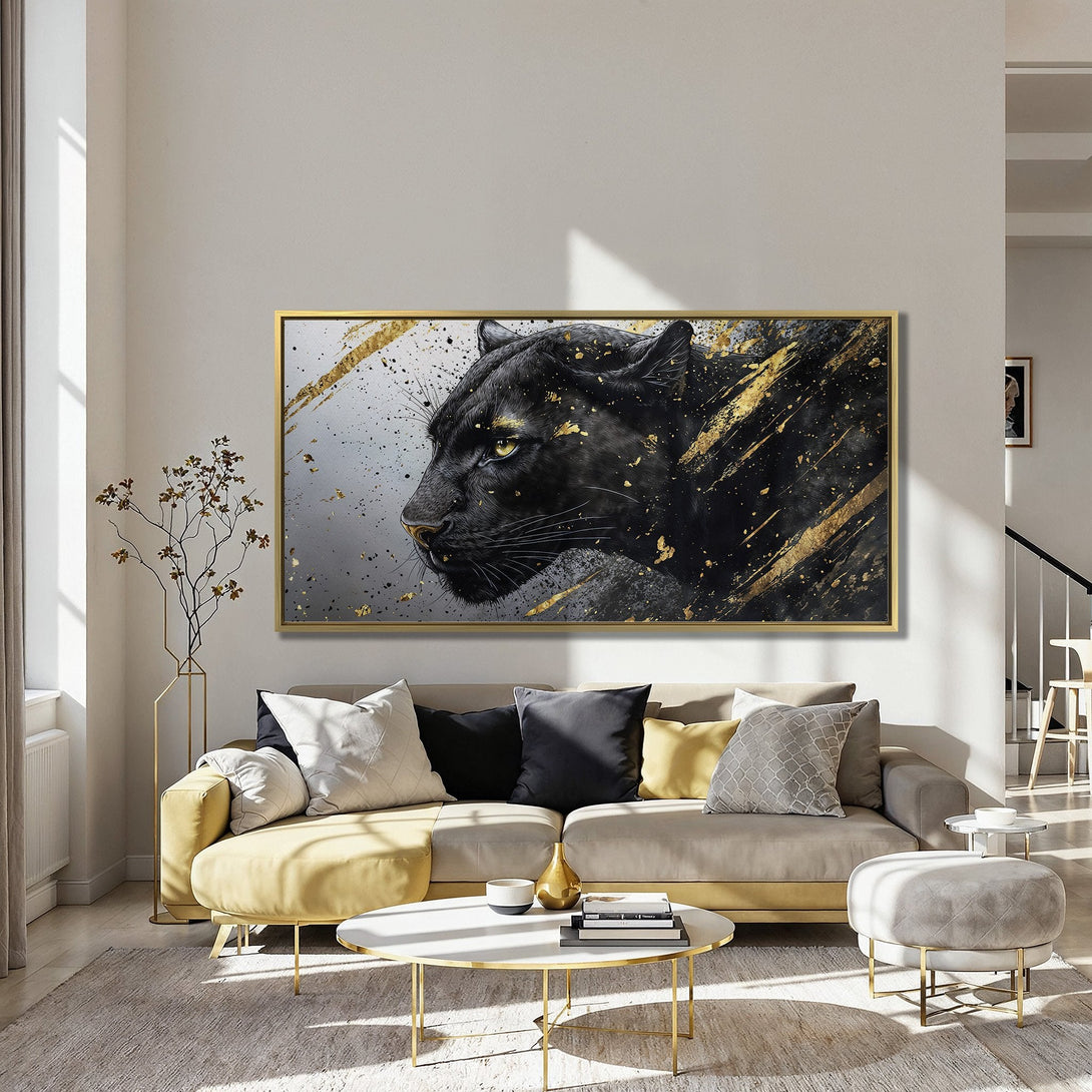 Canvas Print featuring a majestic black panther with gold accents. Dramatic art in black, gold, and gray tones. Perfect for modern home decor.