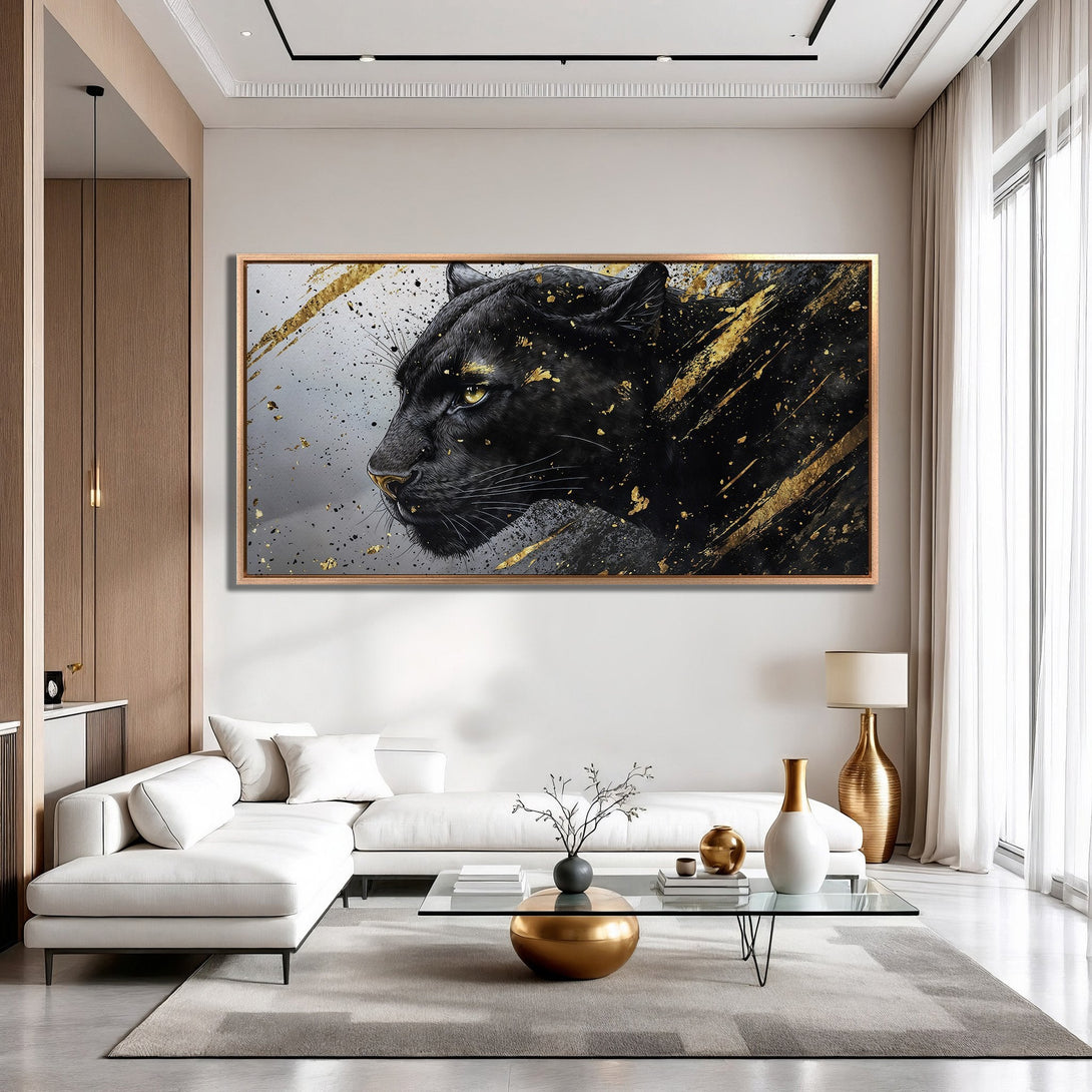Framed Wall Art: Black panther portrait with gold accents. Modern, luxurious style. Black, gold, and neutral color palette. Elevate your home decor!