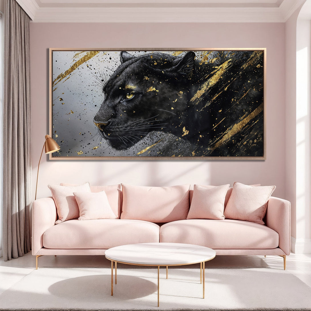 Framed Wall Art: Black panther portrait with gold accents. Modern art in black, gold, and blush pink color palette. Elevate your home decor!