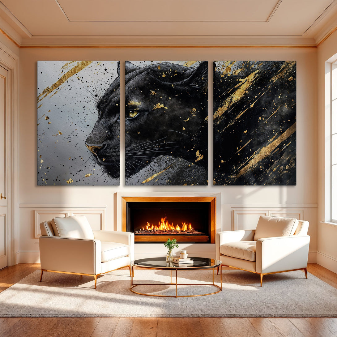 Canvas Print featuring a majestic black panther in a modern, abstract style with gold accents. Stunning wall art for a luxurious interior.
