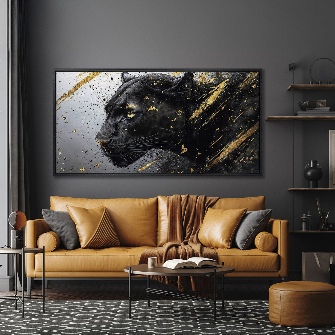 Framed Wall Art: Black panther portrait with gold accents. Modern, abstract style with a dark, luxurious color palette. Perfect for living room decor.