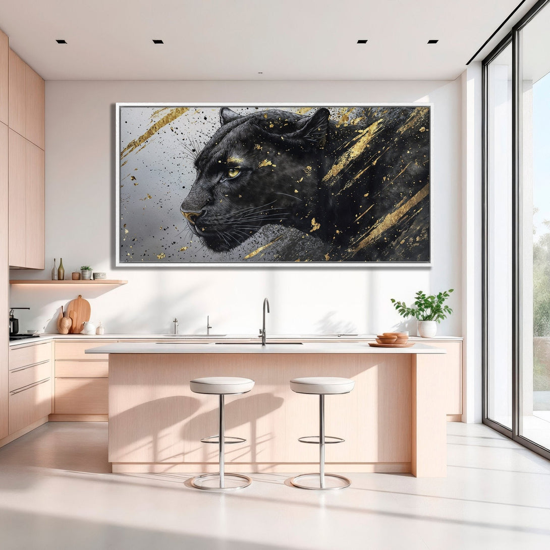Framed Wall Art featuring a striking black panther with gold accents, displayed in a modern kitchen. A bold statement piece with a neutral color palette.