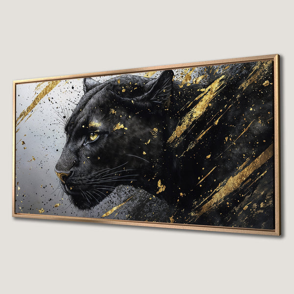 Framed Wall Art: Majestic black panther portrait with gold accents. Modern, abstract style. Dramatic black, gold, and gray color palette. Elevate your space!