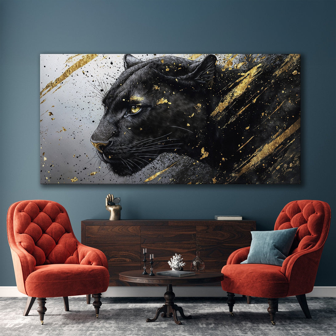 Framed Wall Art: Majestic black panther art with gold accents. Modern canvas print in a luxurious interior setting. Black, gold, and grey color palette.