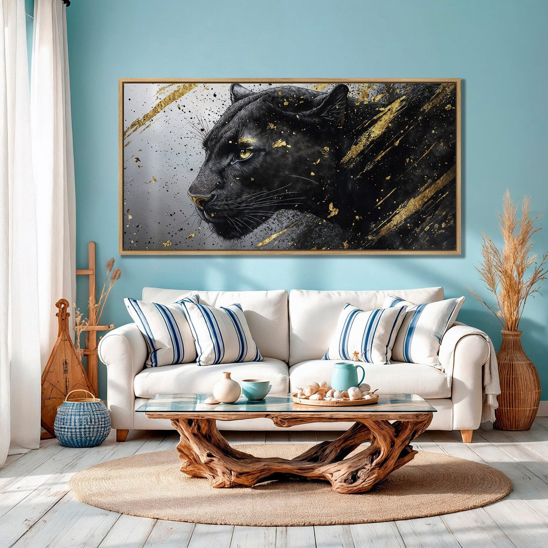 Framed Wall Art: Stunning black panther portrait with gold accents. Modern art canvas print with a bold, luxurious aesthetic. Perfect for home decor.