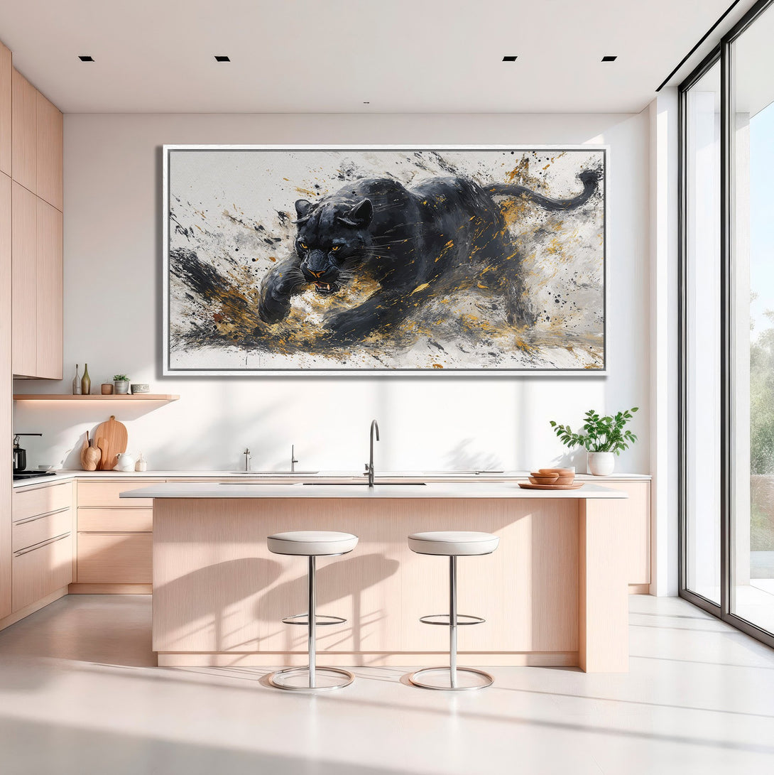Framed Wall Art of a black panther in an abstract style with gold and white accents. Perfect for modern home decor.
