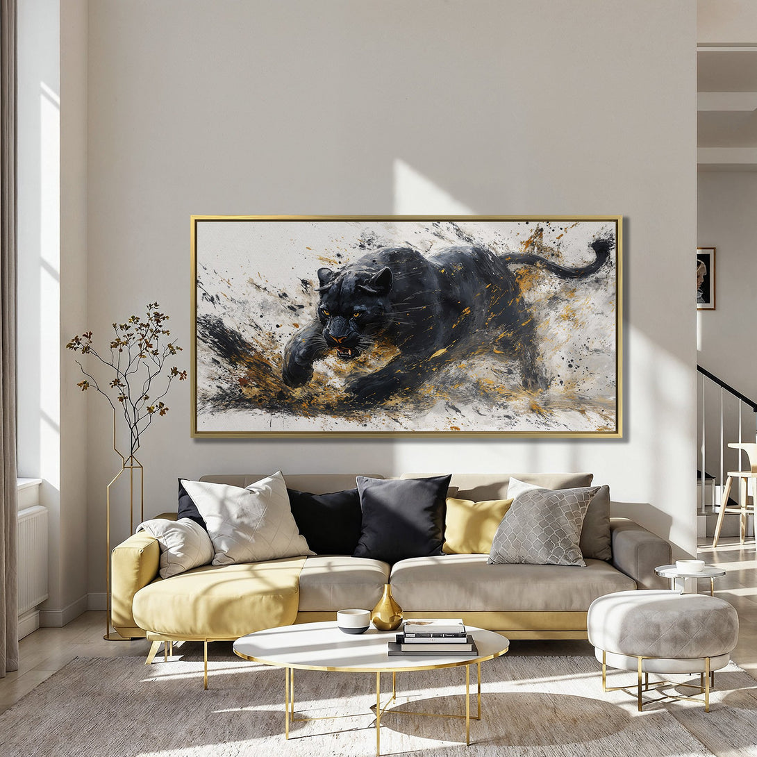 Canvas Print featuring a dynamic black panther painting with gold accents. Modern art in a striking black, white, and gold color palette. Perfect wall decor.