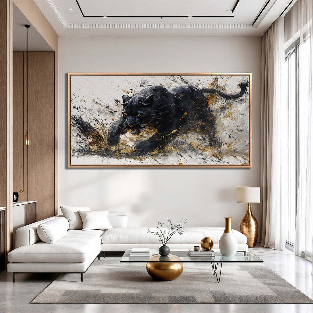 Framed Wall Art: Dramatic black panther painting in abstract style with gold accents. Modern decor with a neutral color palette. Elevate your space!
