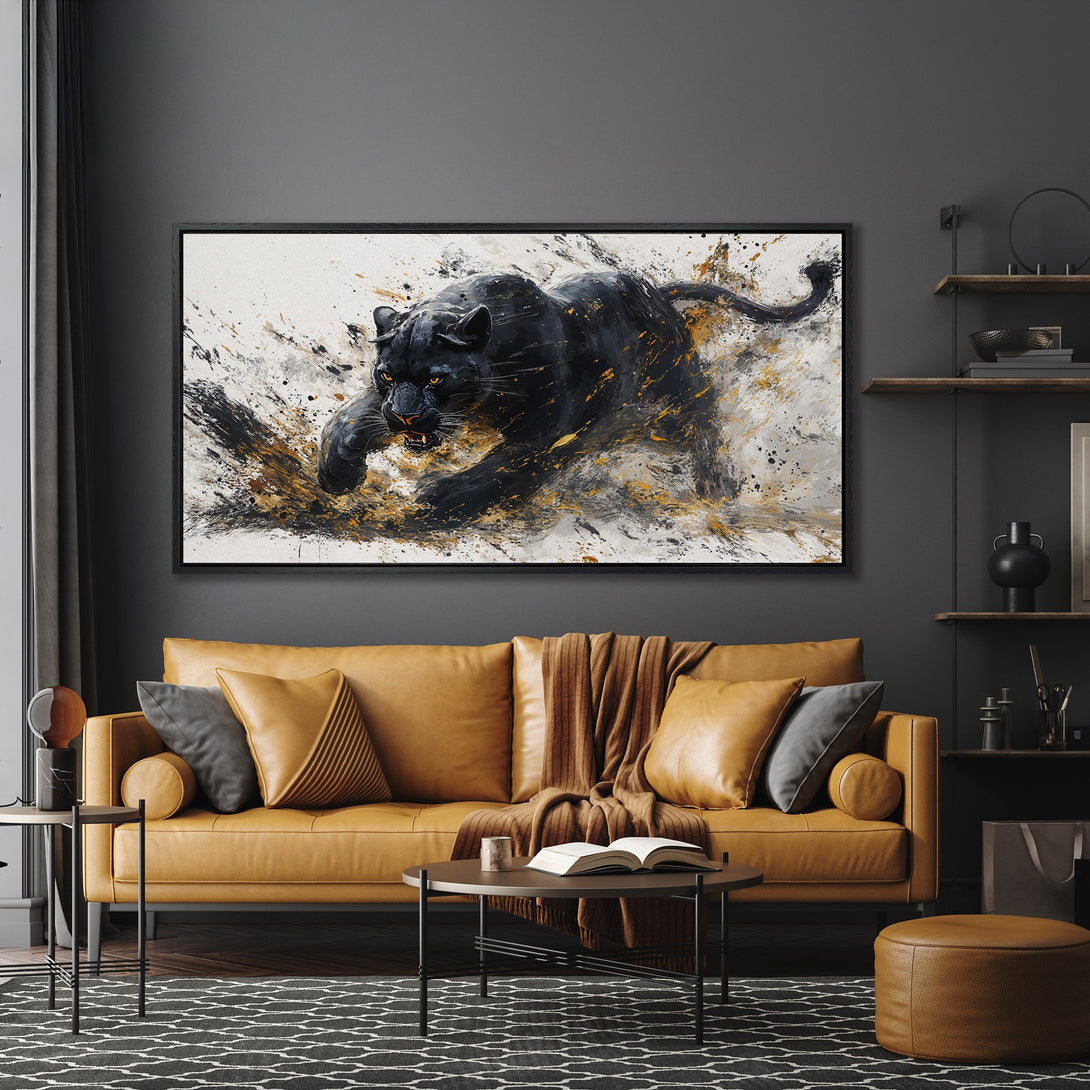 Framed Wall Art: Abstract black panther painting in a modern interior. Dramatic, expressive style with black, gold, and white color palette. Elevate your space!