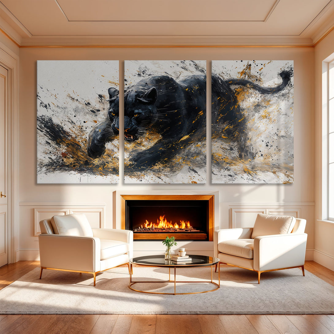 Canvas Print of a black panther art piece. Abstract style with black, gold, and white color palette. Perfect for modern home decor.