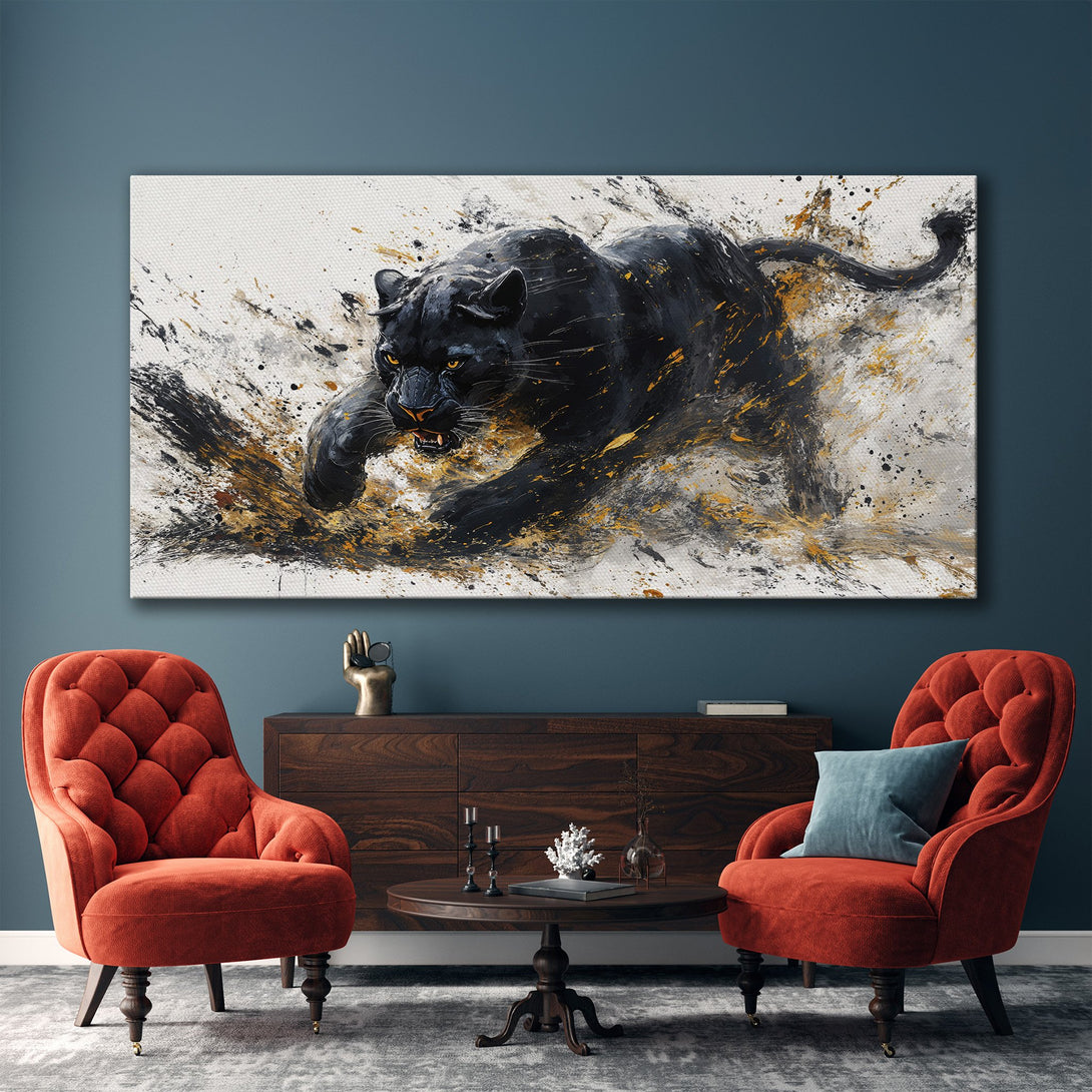 Framed Wall Art featuring a dynamic black panther painting with gold accents. Modern decor in a neutral palette, perfect for living room or bedroom.